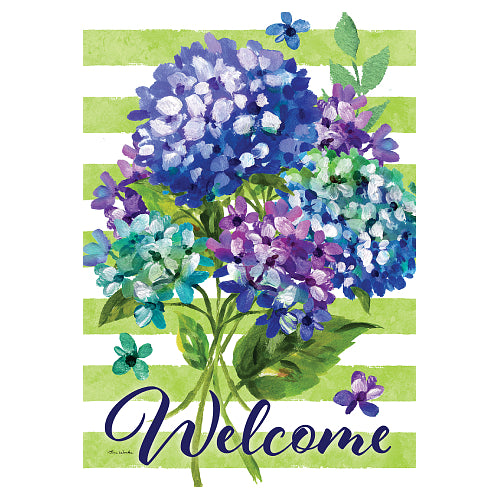 Decorative flag with blue and purple hydrangeas and the word 'Welcome' on a green and white striped background.