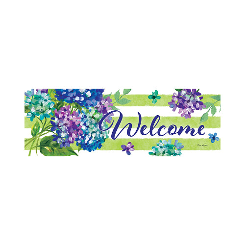 Decorative sign with floral design and 'Welcome' text on a horizontal green and white striped background