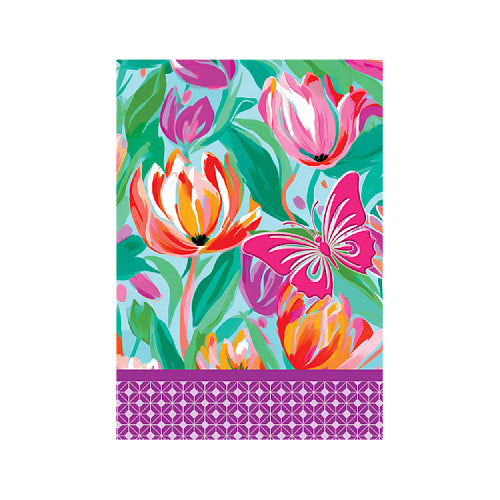 Floral design with tulips and butterflies on a colorful background