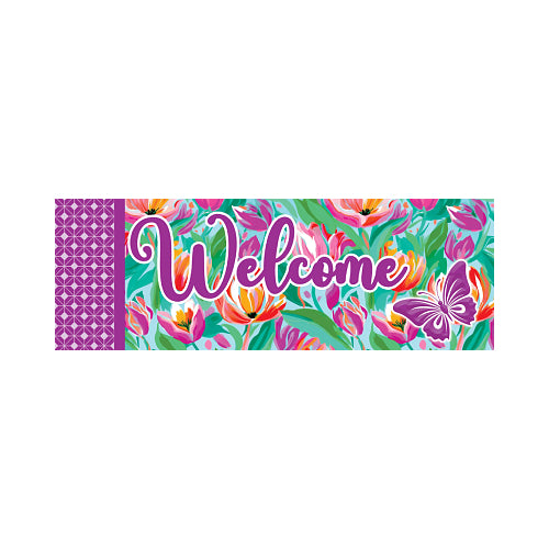 Decorative yard sign with floral and butterfly design and the word 'Welcome'.