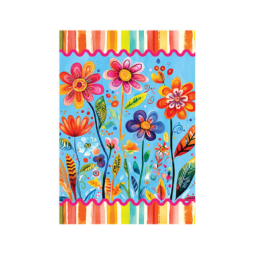 Fun and colorful floral design with a striped border on a blue background
