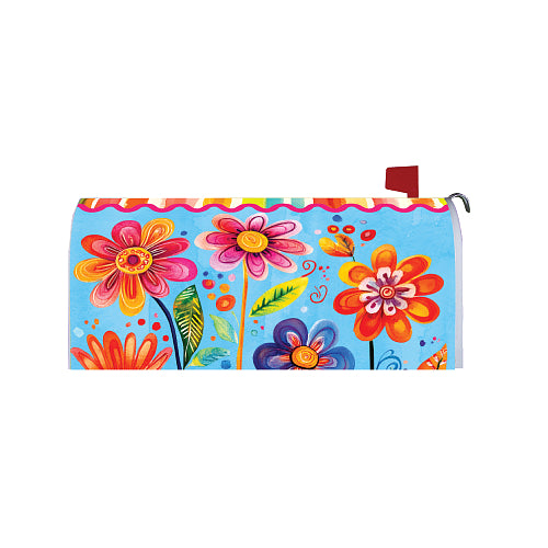 Colorful floral design on a mailbox cover with a light blue background