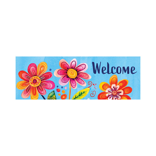 Fun and colorful floral design with 'Welcome' text on a light blue background