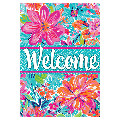 Colorful floral design with the word 'Welcome' across a blue background