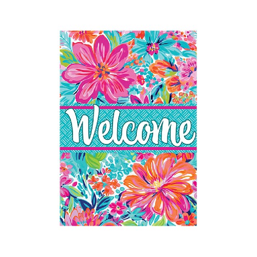 Floral design with the word 'Welcome' on a blue background