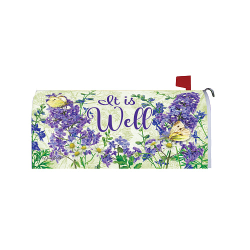 Mailbox cover with floral design and 'It is Well' text on a white background