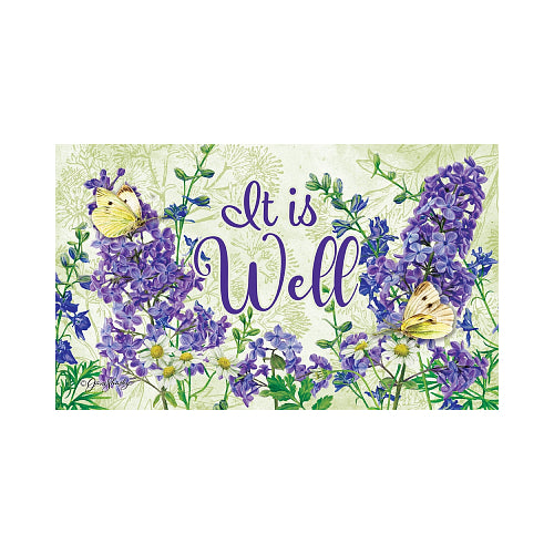 Decorative card with purple flowers, butterflies, and 'It is Well' text on a light green, floral background