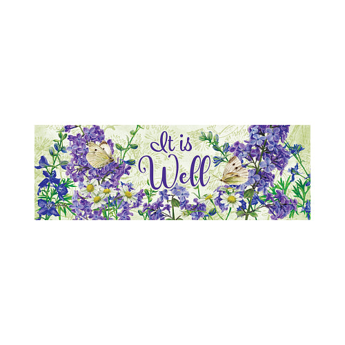 Decorative yard sign with purple flowers and butterflies on a light background