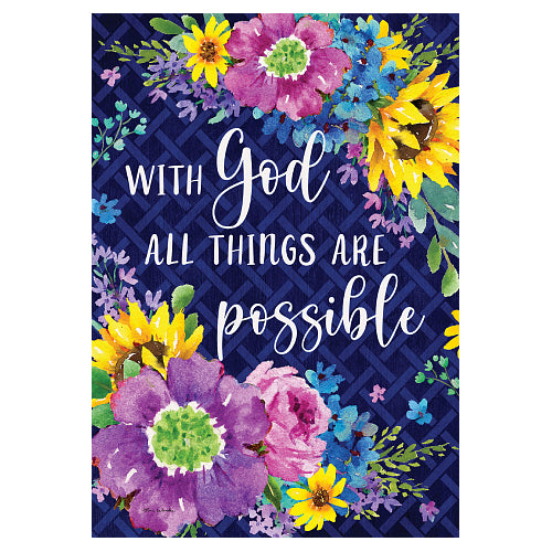 Floral design with featuring motivational quote 'With God All Things Are Possible' on a blue background