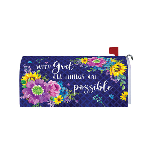 Mailbox cover with floral design and inspirational quote, 'With God All Things Are Possible' on a blue background