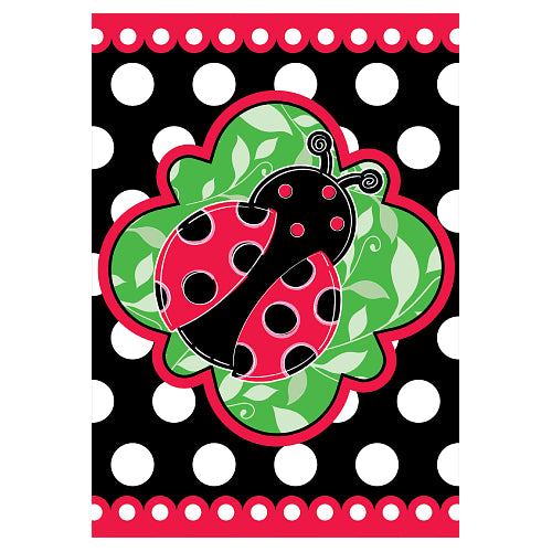Decorative flag with a ladybug design on a black and white polka dot background