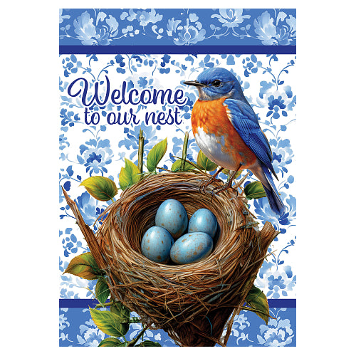 Decorative flag with a bluebird, nest, and eggs on a floral background with 'Welcome to our nest' text.