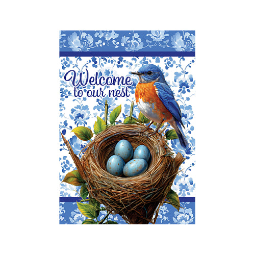 Decorative flag with a bluebird, nest, and eggs on a floral background with 'Welcome to our nest' text.