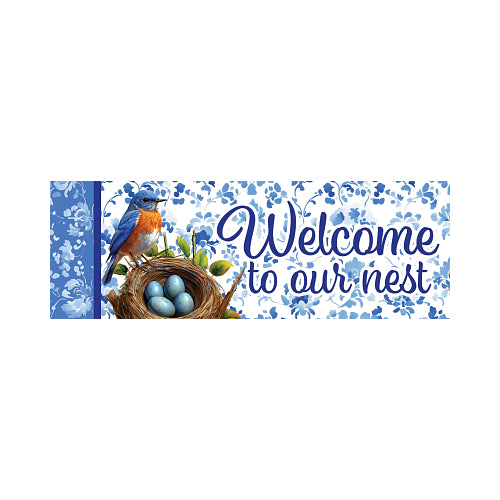 Decorative sign with a bluebird and a nest full of eggs on a floral background with 'Welcome to our nest' text.