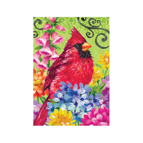Colorful garden flag with a red cardinal bird and flowers on a green background