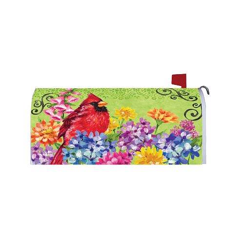 Mailbox cover with a red cardinal and colorful flowers on a green background