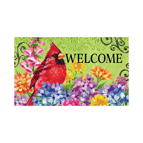 Decorative mat with a red cardinal and colorful flowers on a green background with 'WELCOME' text.