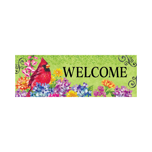 Decorative welcome sign with a red cardinal and flowers on a green background