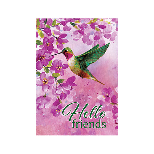 Flag with a hummingbird and floral design on a pink background, featuring the text 'Hello friends'.