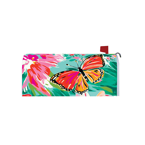Mailbox cover with a colorful butterfly and floral design on a green and blue background