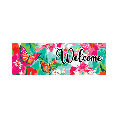 Colorful 'Welcome' sign with butterflies and flowers on a green and blue background