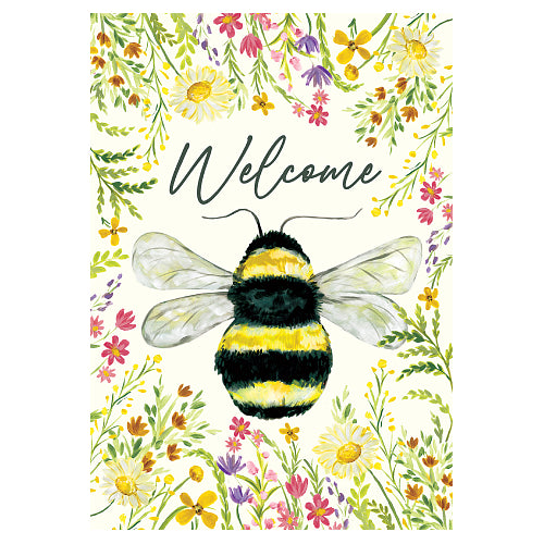 Illustration of a bee with 'Welcome' text surrounded by flowers on a white background