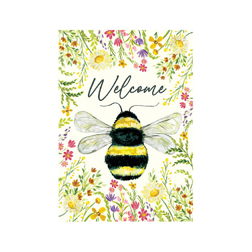 Garden flag with a bee and floral border and the word 'Welcome'.