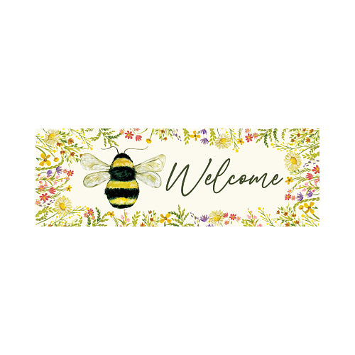 Decorative yard sign with a bee and floral elements on a white background