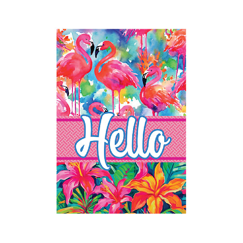 Decorative outdoor flag featuring vibrant watercolor pink flamingos set against a colorful splashed background, with bold "Hello" script lettering on a pink banner and bright tropical flowers including pink and orange lilies.