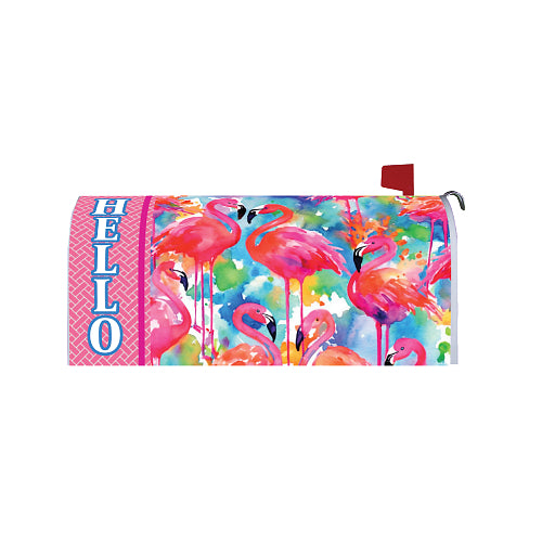 Decorative mailbox cover featuring vibrant watercolor pink flamingos set against a colorful splashed multicolor background, with bold vertical "HELLO" lettering on a pink herringbone-patterned side panel, wrapped around a standard residential mailbox.