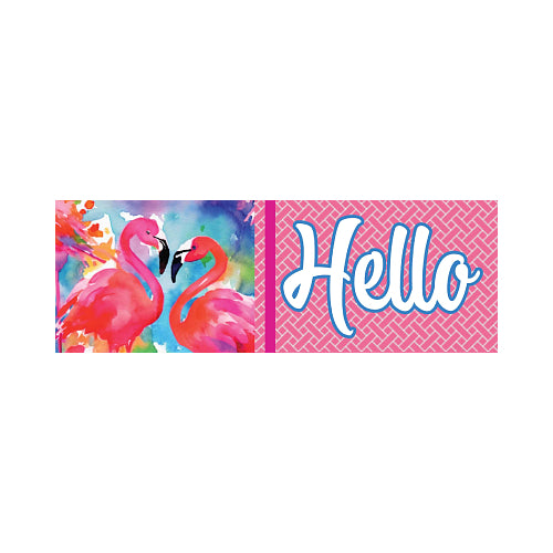 Custom Decor Signature Sign yard sign featuring two vibrant watercolor pink flamingos nuzzling against a colorful splashed background on the left panel, paired with bold "Hello" script lettering on a pink herringbone-patterned background on the right panel.