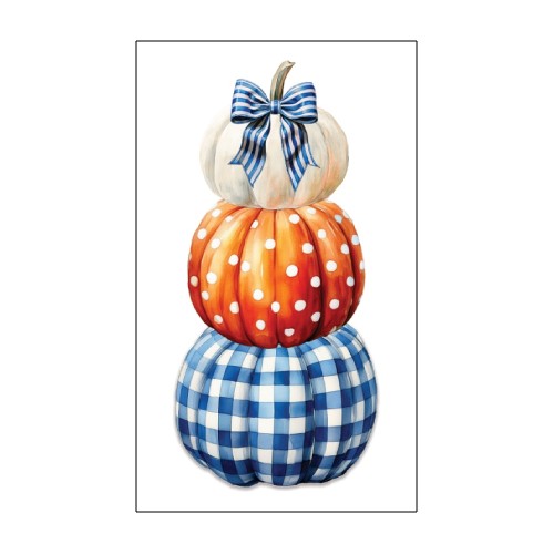 Stack of decorative pumpkins with polka dot and checkered patterns on a white background