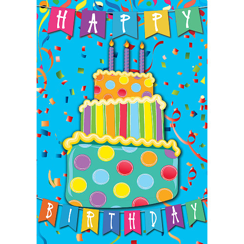 Colorful birthday cake with candles on a blue background with 'Happy Birthday' text and confetti.