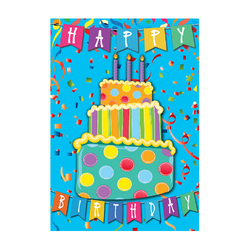Colorful birthday cake with candles on a blue background with 'Happy Birthday' text