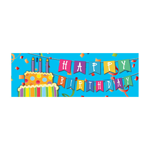 Colorful 'Happy Birthday' yard sign with a cake and candles on a blue background
