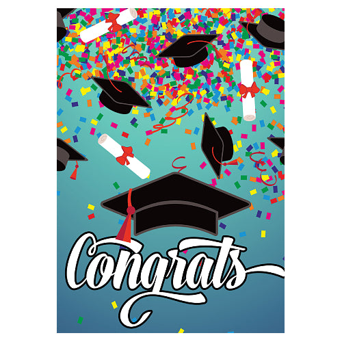 Graduation-themed flag with colorful confetti, mortarboards, and 'Congrats' text on a blue background.