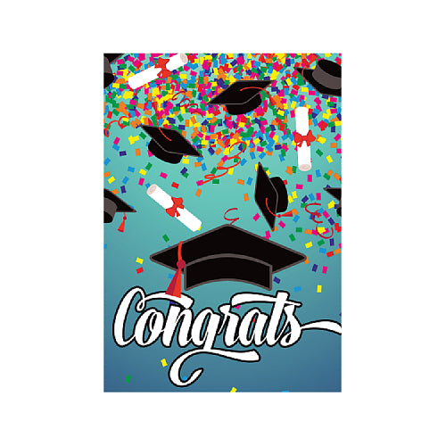Graduation-themed decorative flag with colorful confetti and 'Congrats' text on a blue background.