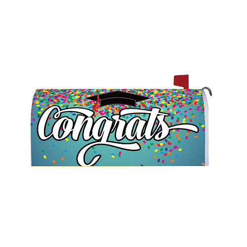 Mailbox cover with 'Congrats' text and confetti and mortarboard design on a blue background