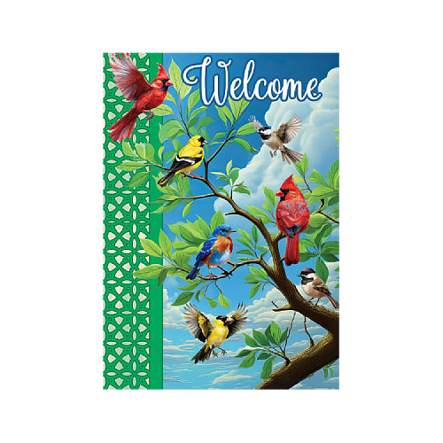 Decorative garden flag with colorful birds and 'Welcome' text on a blue sky with clouds background