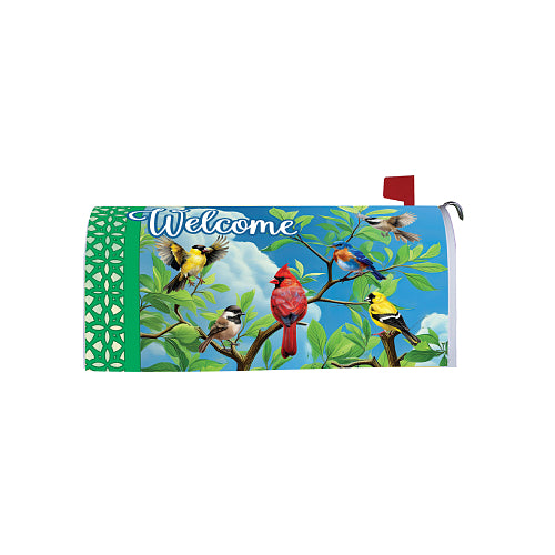 Mailbox cover with colorful birds on a branch and 'Welcome' text