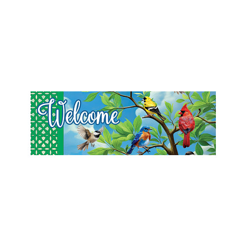 Decorative sign with birds on a branch and the word 'Welcome' on a blue sky and clouds background