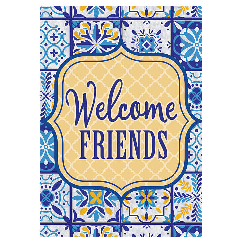 Decorative flag with 'Welcome Friends' text on a blue and yellow patterned tile background