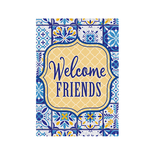 Decorative garden flag with 'Welcome Friends' text on a blue and yellow patterned tile background