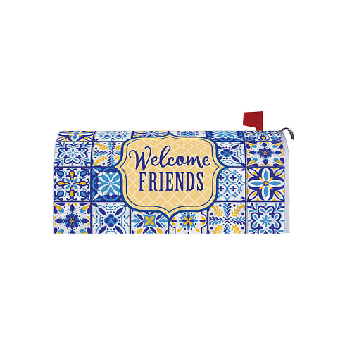 Mailbox cover with blue and yellow patterned tiles design and 'Welcome Friends' text.