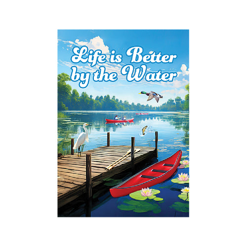 Scenic image of a lake with a dock, red kayak, and ducks, featuring the text 'Life is Better by the Water'.