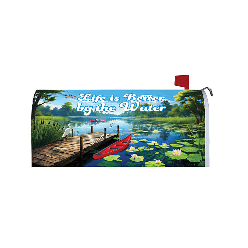 Mailbox cover with a scenic design of a lake, dock, and kayak, featuring the text 'Life is Better by the Water'.