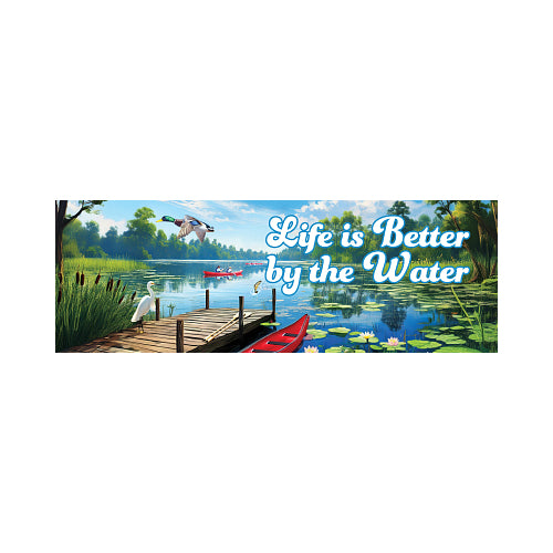Scenic view of a lake with a dock, kayaks, and people with 'Life is Better by the Water' text.