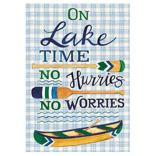 On Lake Time, No Hurries, No Worries summer flag with navy, green, and gold paddles, canoe, and plaid design background by Custom Decor.