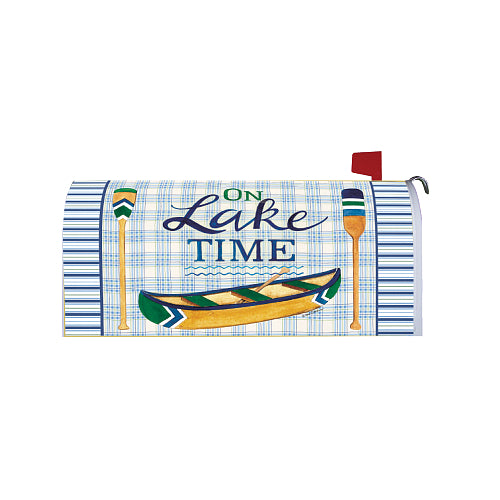 Mailbox cover with a canoe design and 'On Lake Time' text on a plaid background