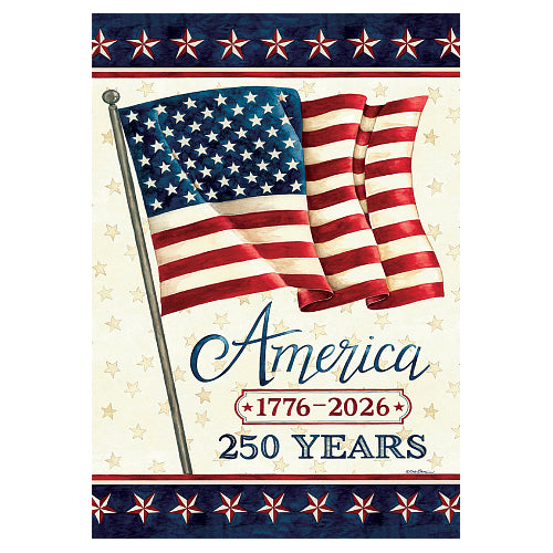 Decorative flag with a waving American flag and 'America, 1776-2026, 250 Years text on a star-patterned background.